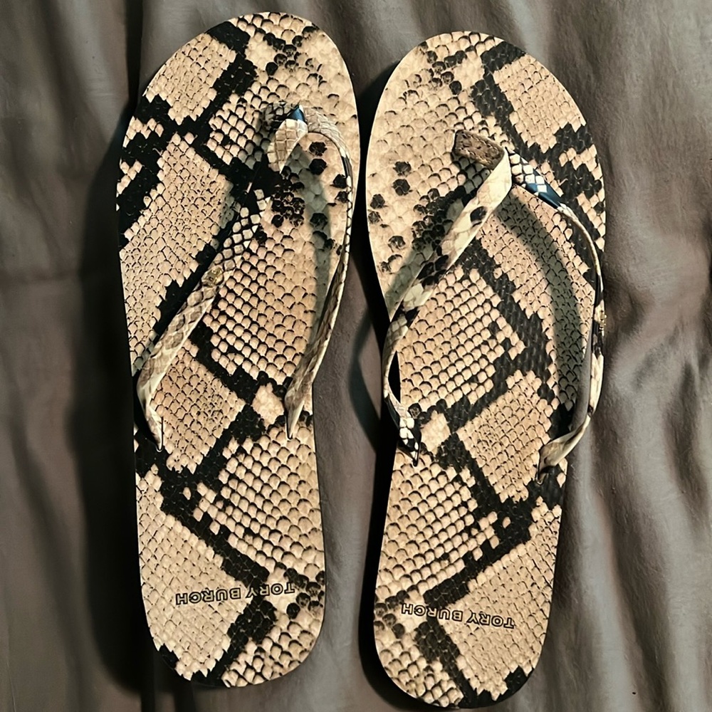 Tory Burch snakeskin flip flops